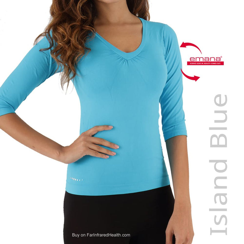 Island Blue Bioceramic Emana® Fiber 3/4 Sleeve V-Neck Shirt for Ladies - Fibro Friendly Shirt