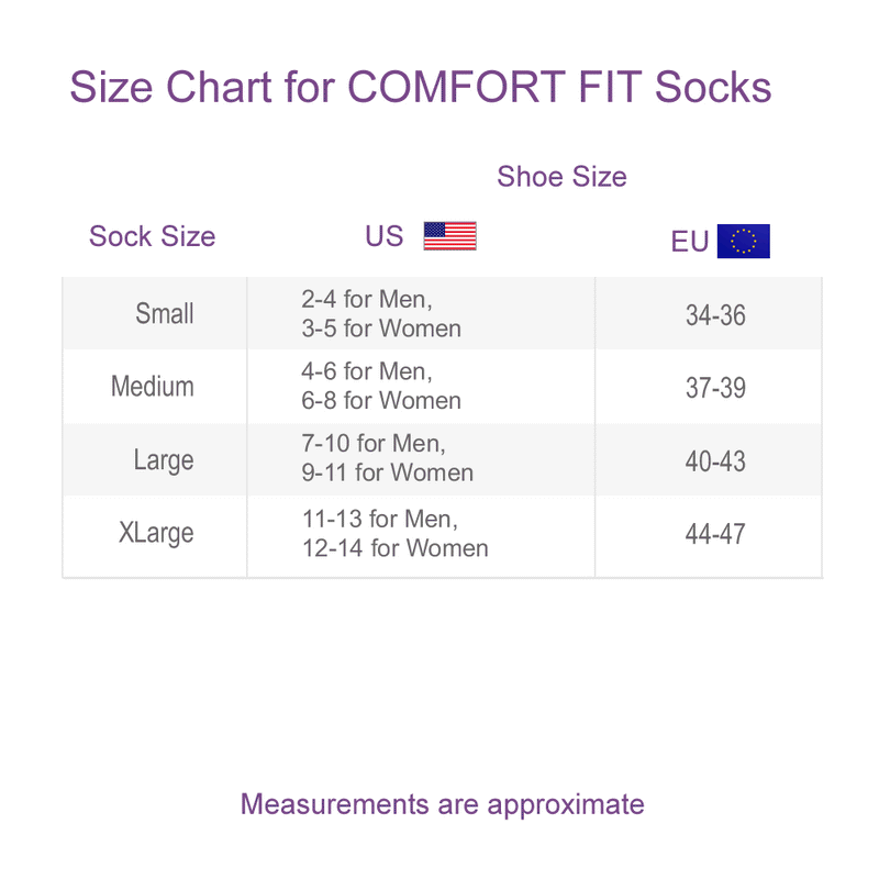 Size Chart for COMFORT FIT Far Infrared Socks