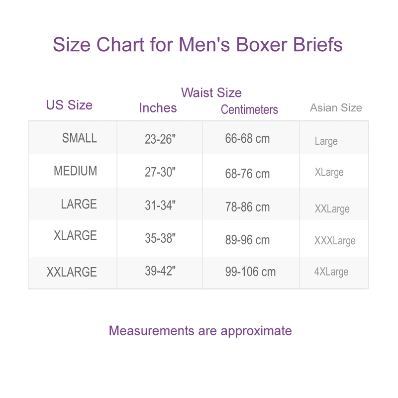 Size Chart for Men's Bio-Ceramic Boxer Briefs