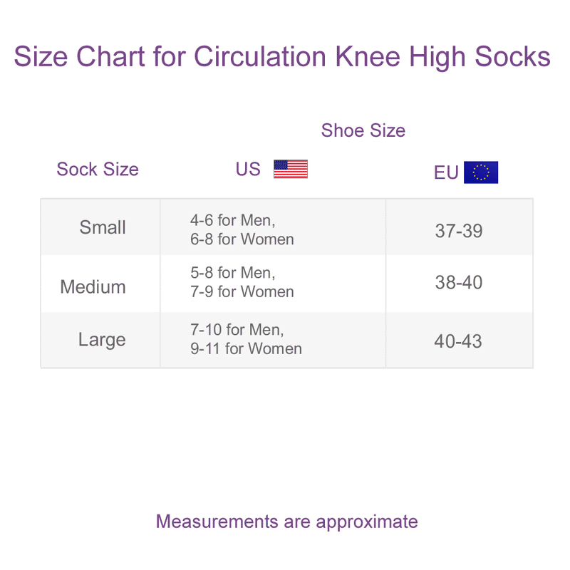 Size Chart for Circulation Knee High Socks
