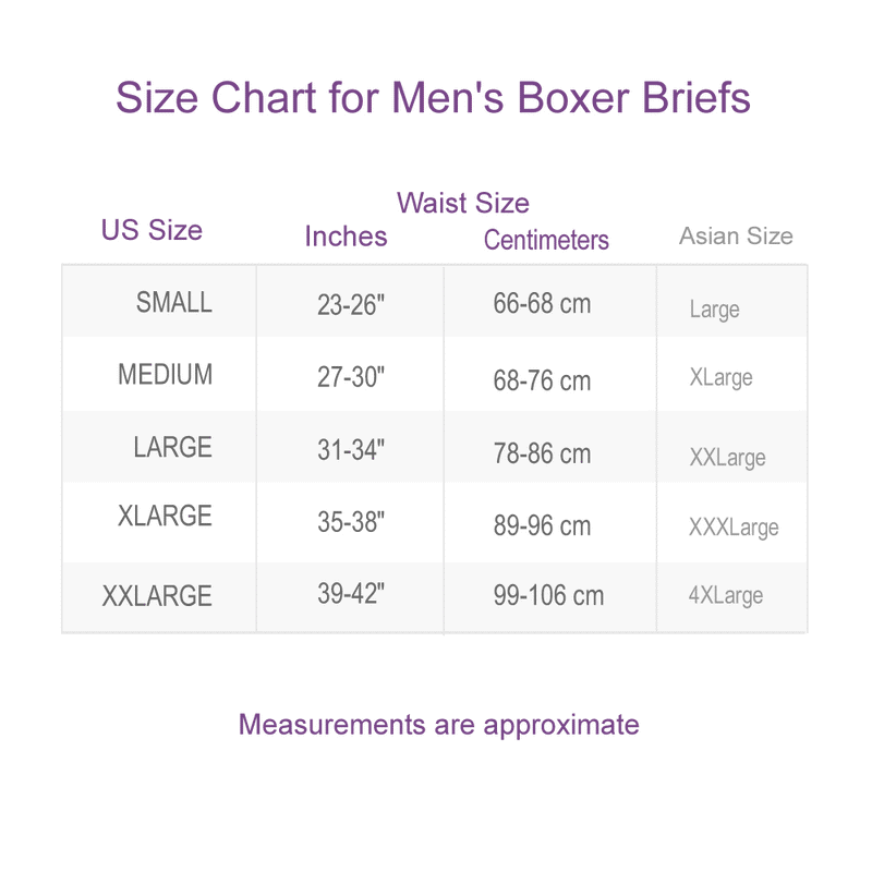 Size Chart for Men's Bio-Ceramic Boxer Briefs 